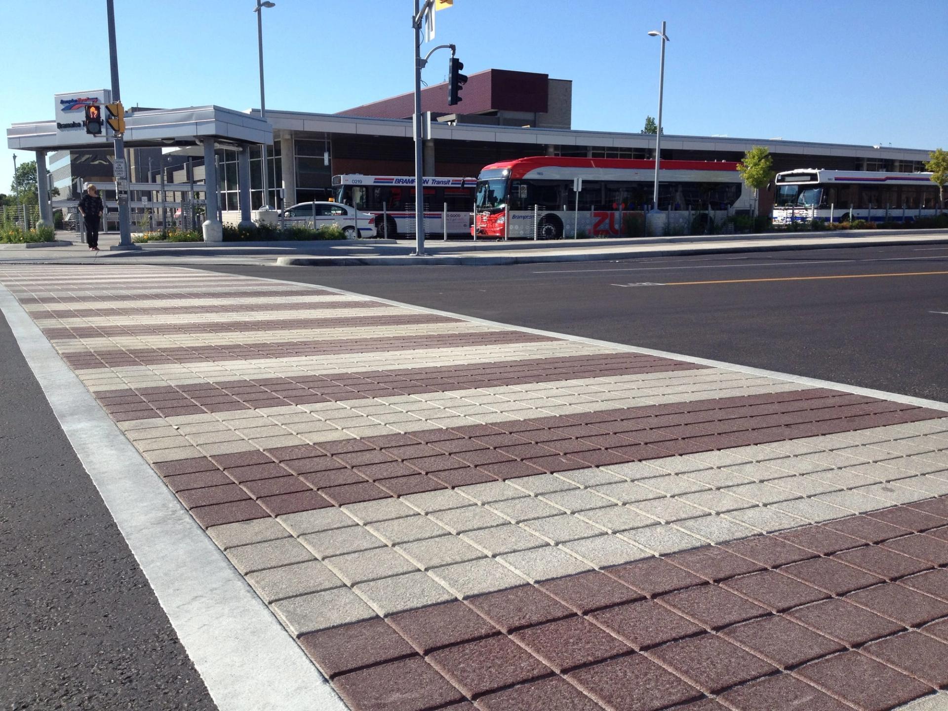 Decorative crosswalk in preformed thermoplastic pavement marking — a commercial district, Canada