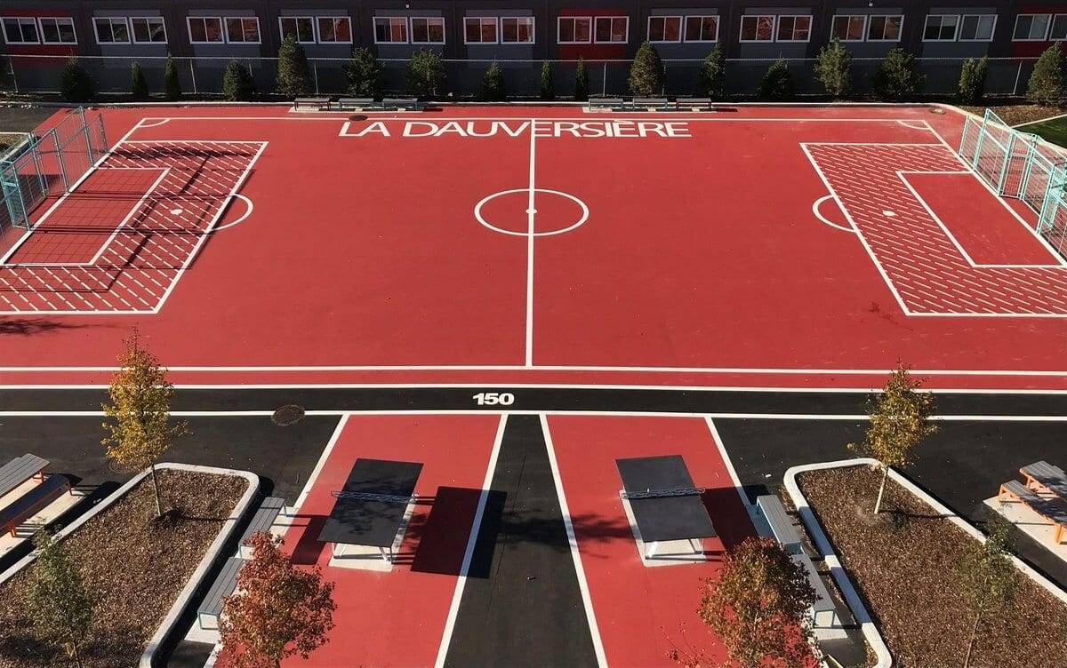 Sport court surfacing installation in Canada: court colour, line marking, and play surface at a school basketball court