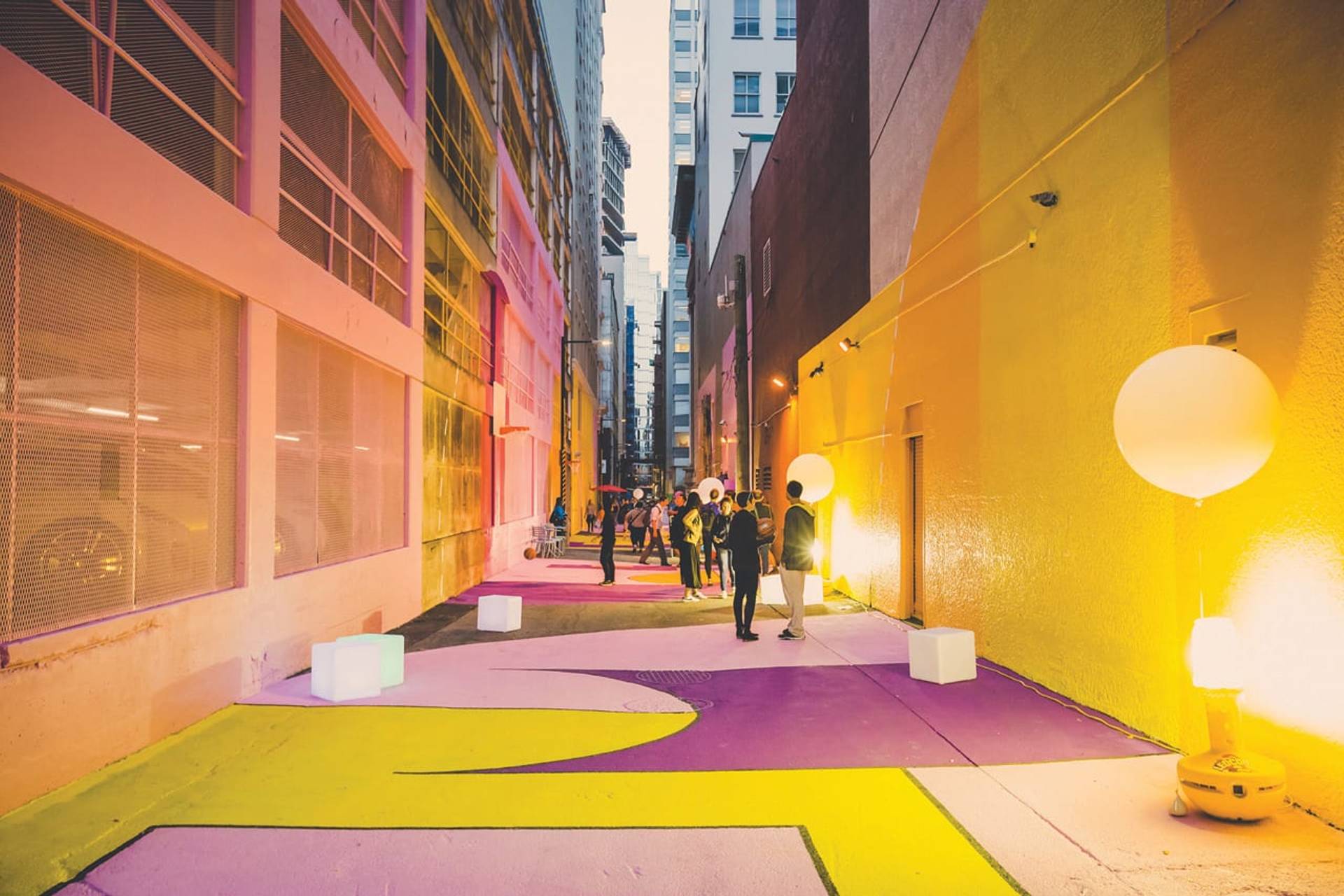 Decorative plaza paving installation in Canada: plazas and civic gathering space at a pedestrian-only street