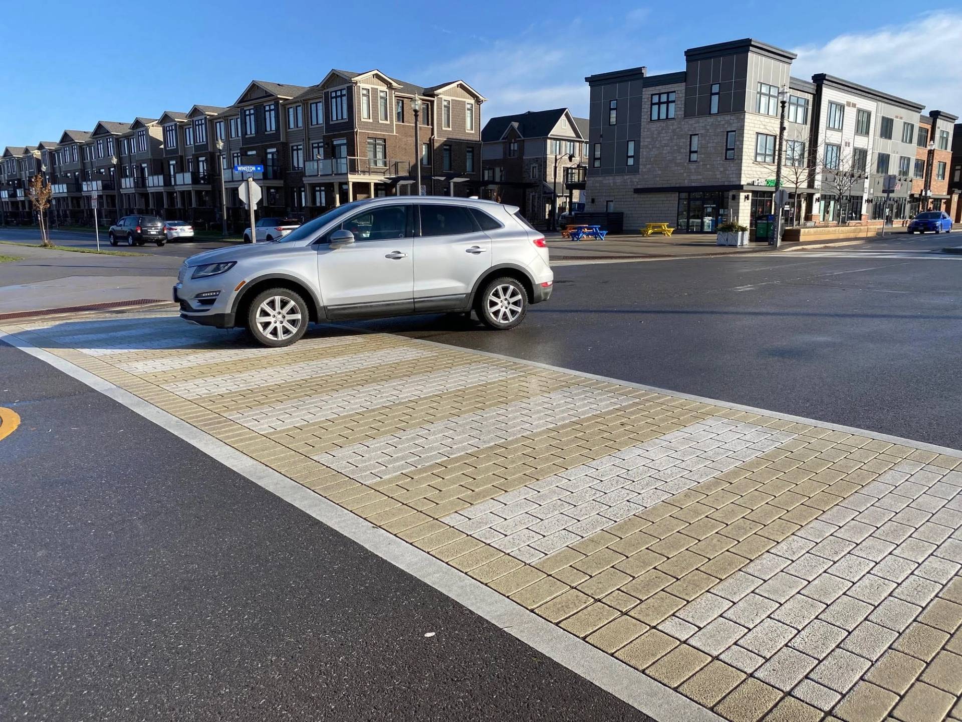 Decorative crosswalk at a municipal intersection, Grimsby, ON, decorative pavement by HUB Surface Systems