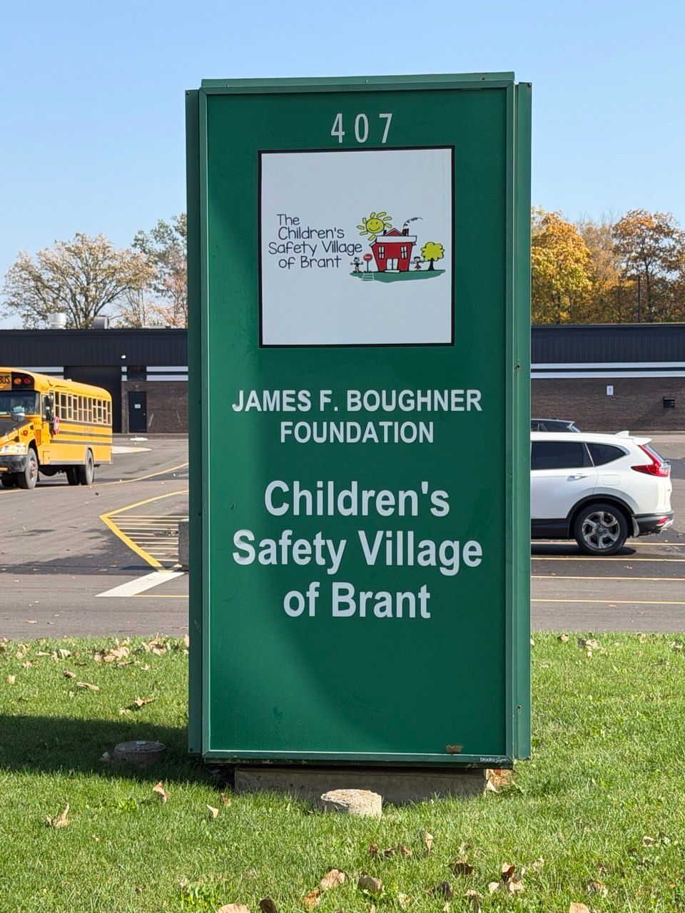 Sign for the Children's Safety Village of Brant and the James F. Boughner Foundation at 407 Elgin Street in Brantford
