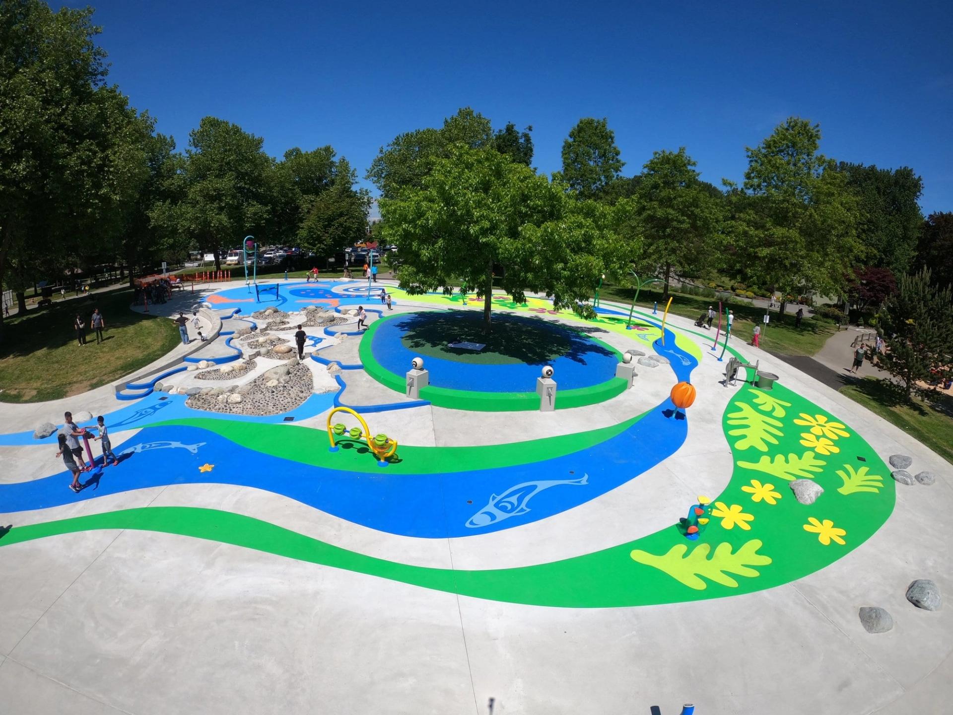 Splash pad surfacing specified for wet play surfaces with slip resistance at a recreation centre wet deck