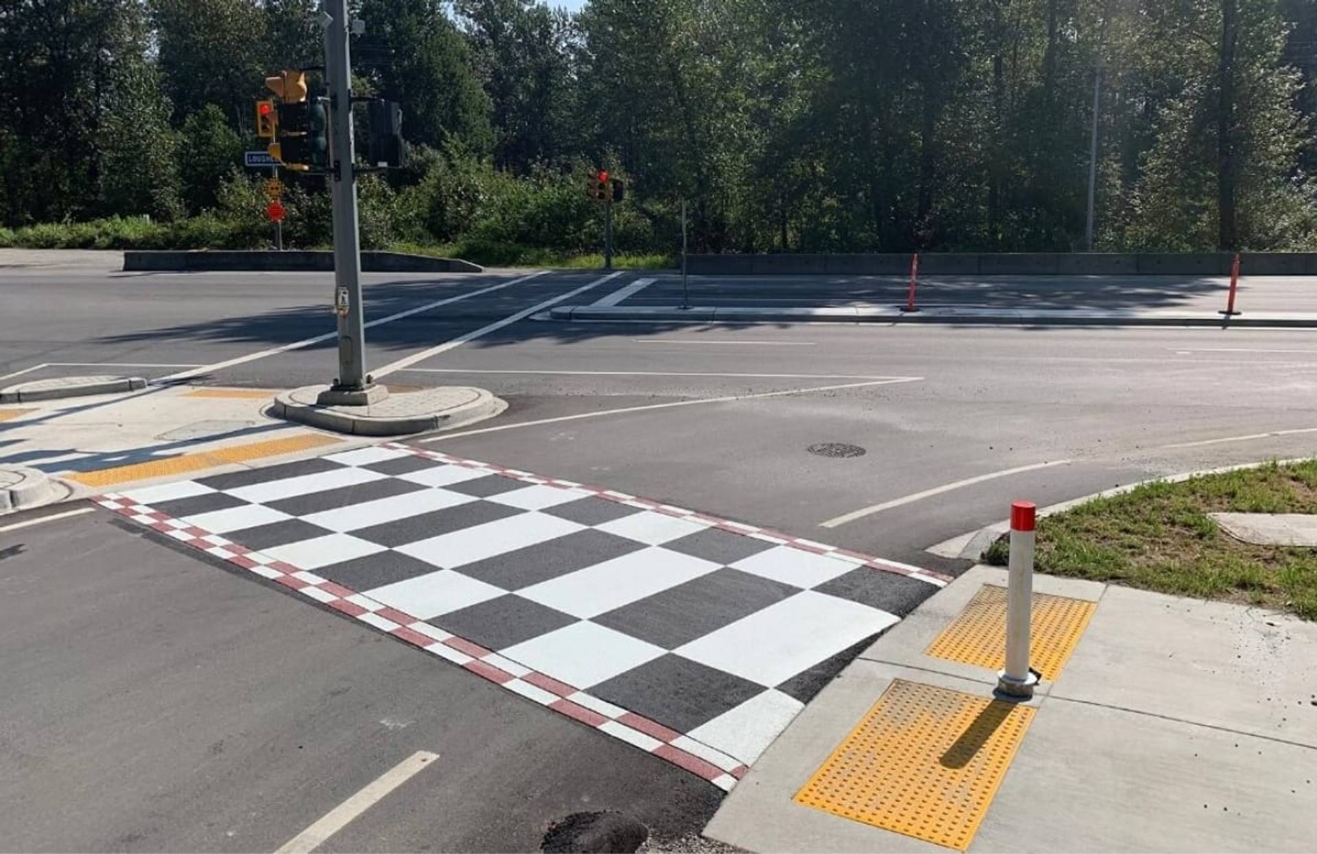 TrafficPatterns thermoplastic pavement marking at a main street corridor in Canada, installed by HUB Surface Systems