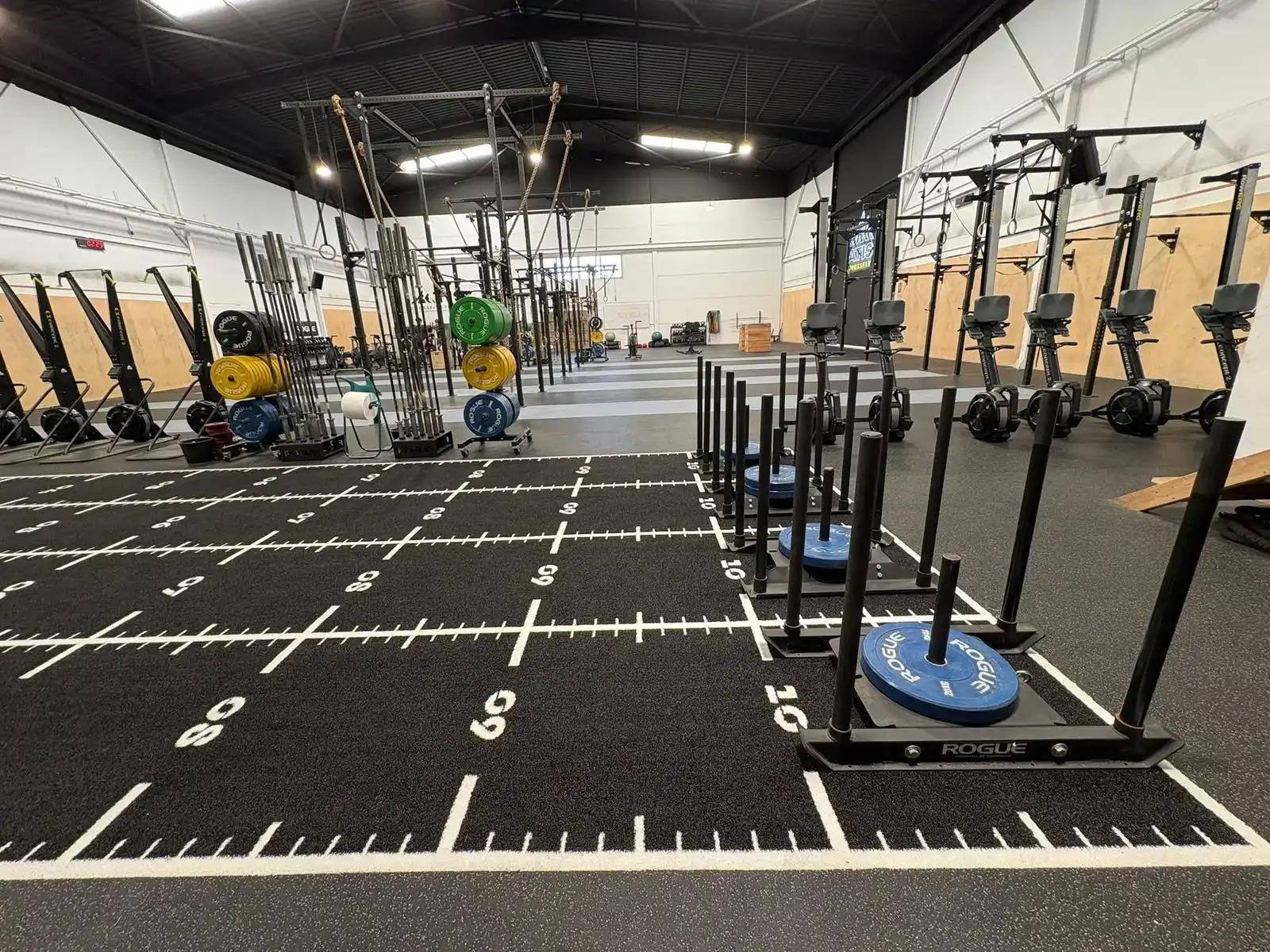 Side view of the four sled lanes at ATIS CrossFit, Telde