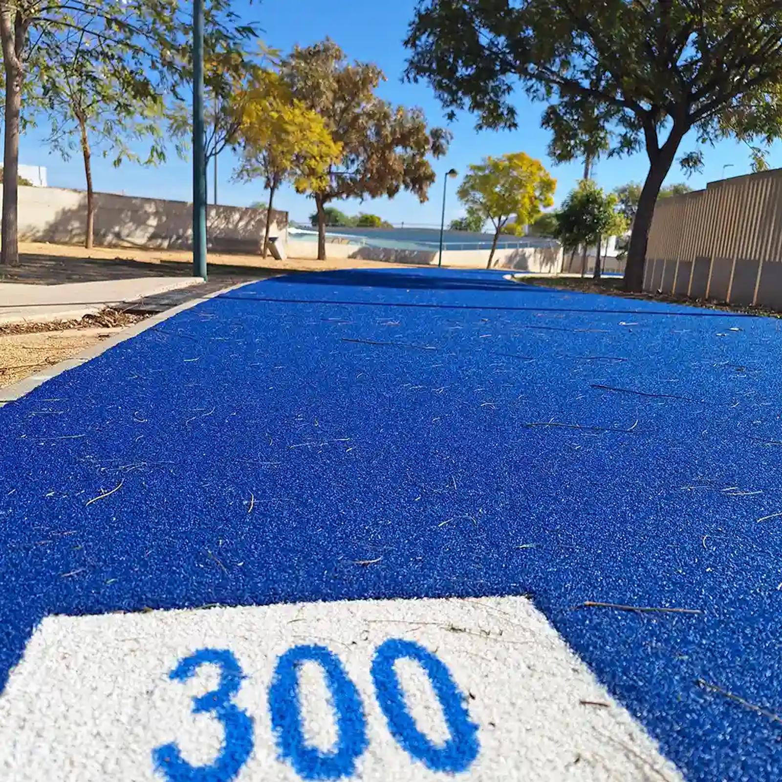 Close-up of the custom markings and logo on the blue artificial turf, Crevillent