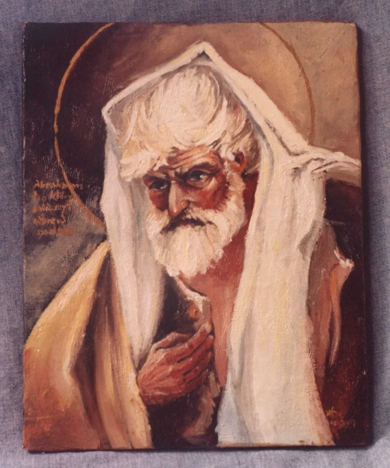 Portret siwego, brodatego mężczyzny w jasnym nakryciu głowy, z dłonią na piersi.