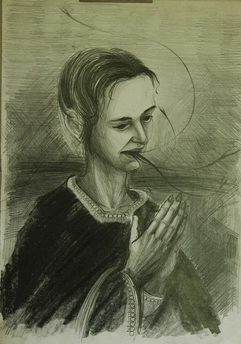 Portret postaci z dłońmi złożonymi przed piersią i okrągłym konturem wokół głowy.