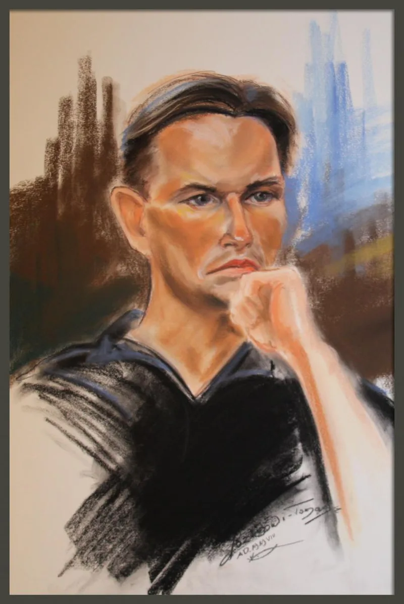 Barwny portret mężczyzny z brodą opartą na dłoni.