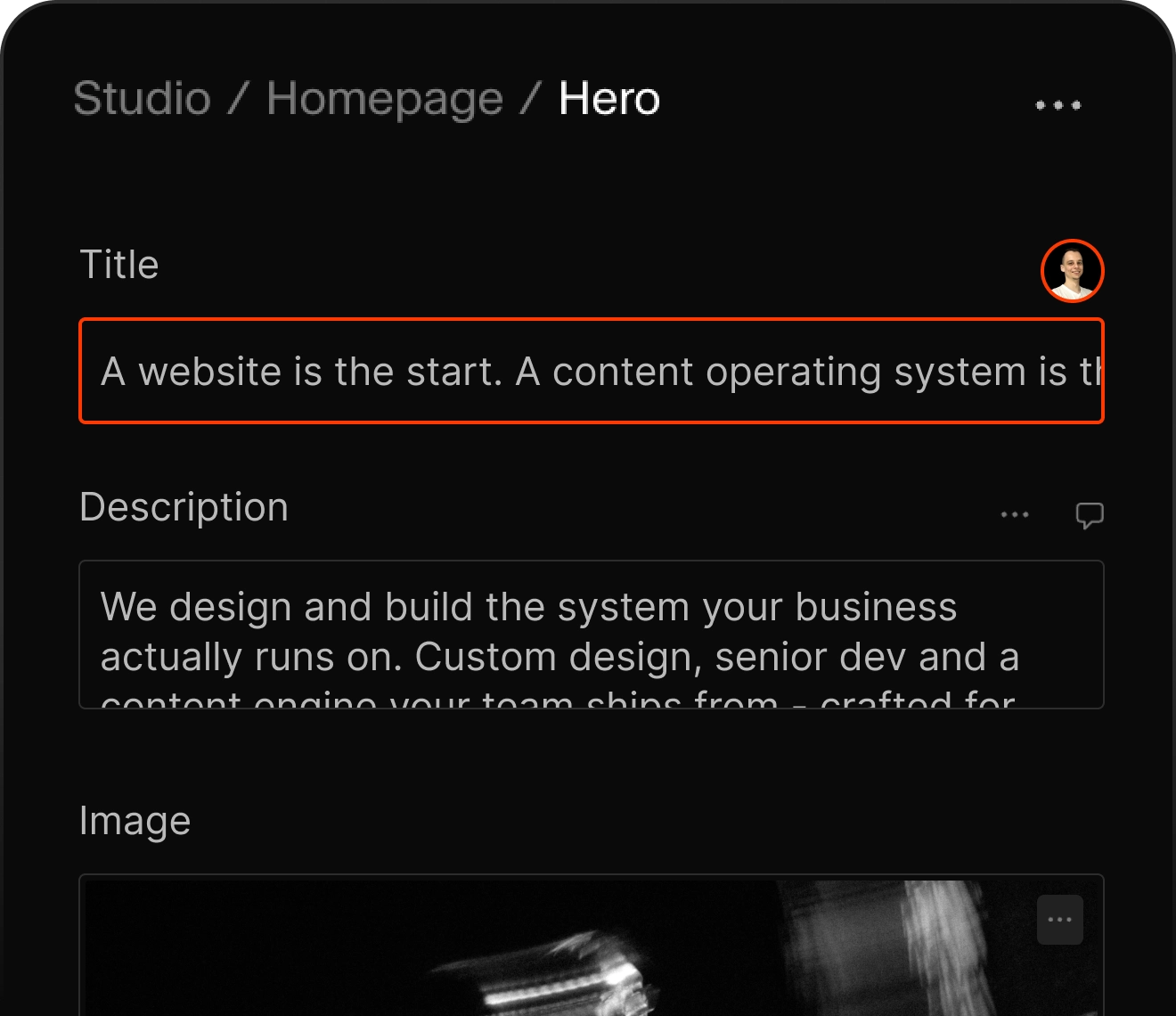 Sanity Studio editor showing a homepage hero document's fields