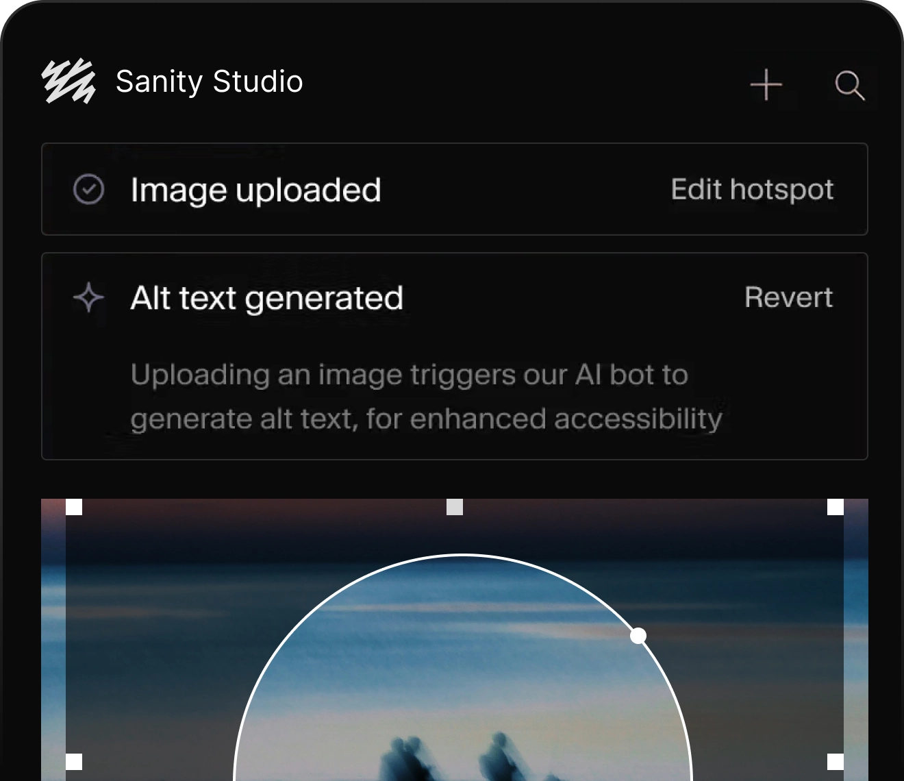 Sanity Studio panel showing AI-generated alt text and image hotspot cropping