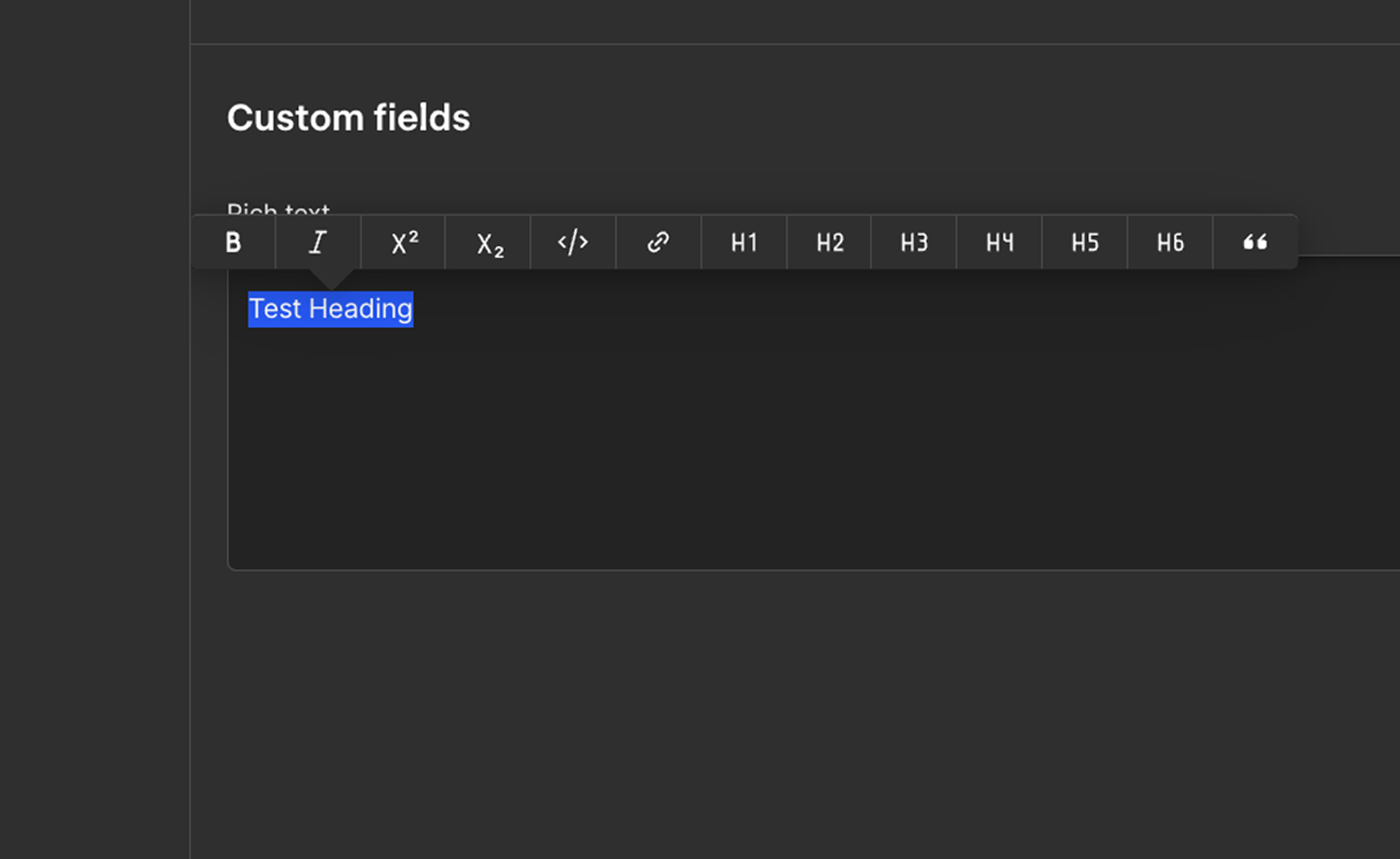 Dark UI showing a rich text editor with formatting toolbar and highlighted text labeled Test Heading