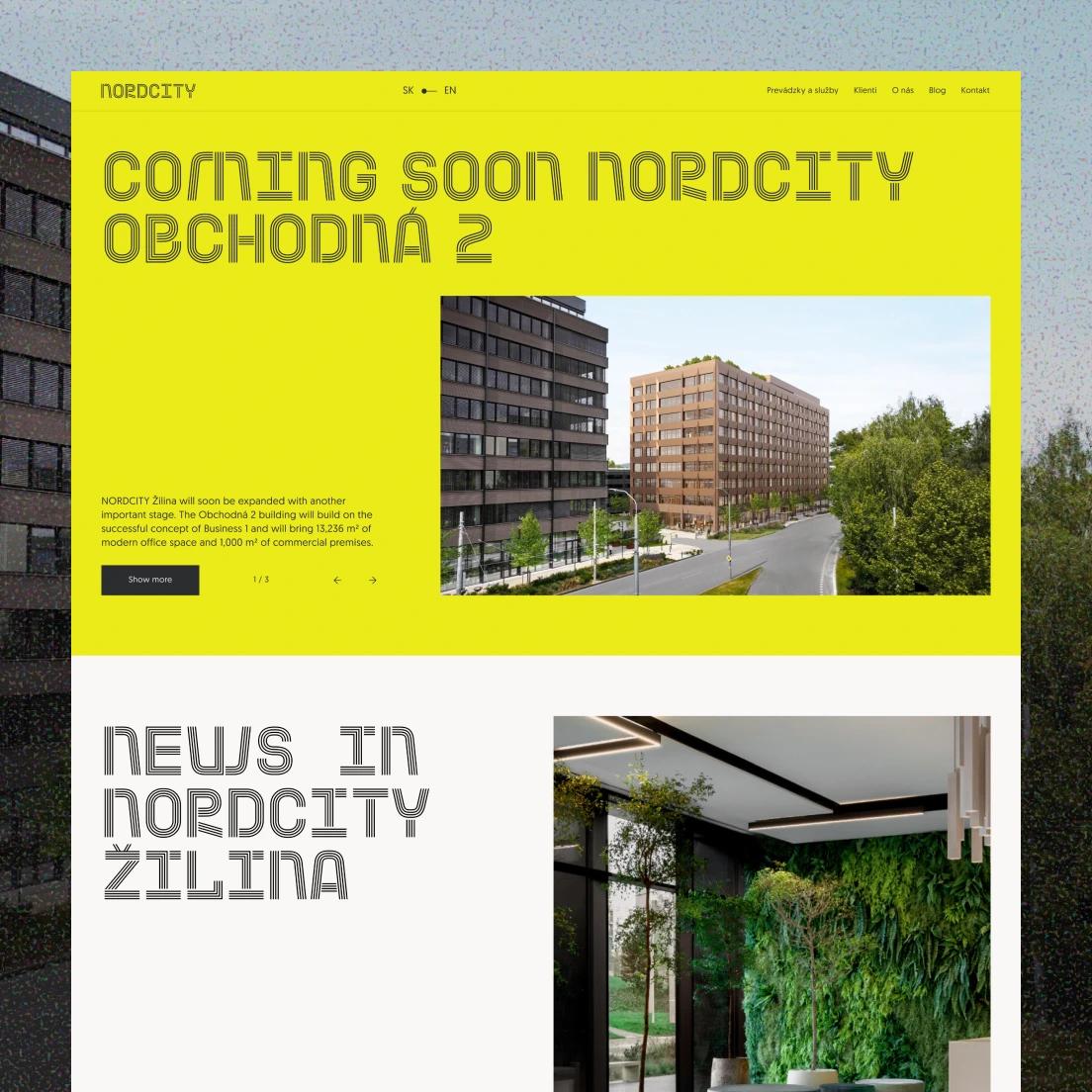 Nordcity real-estate website with a yellow 'Coming soon' hero and a modern office building