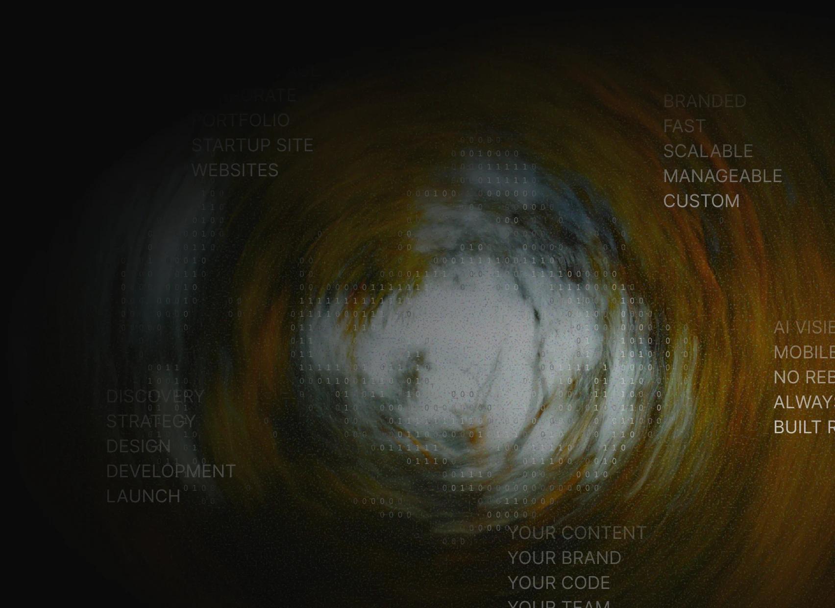 Dark abstract vortex overlaid with Roelu Studio service keywords