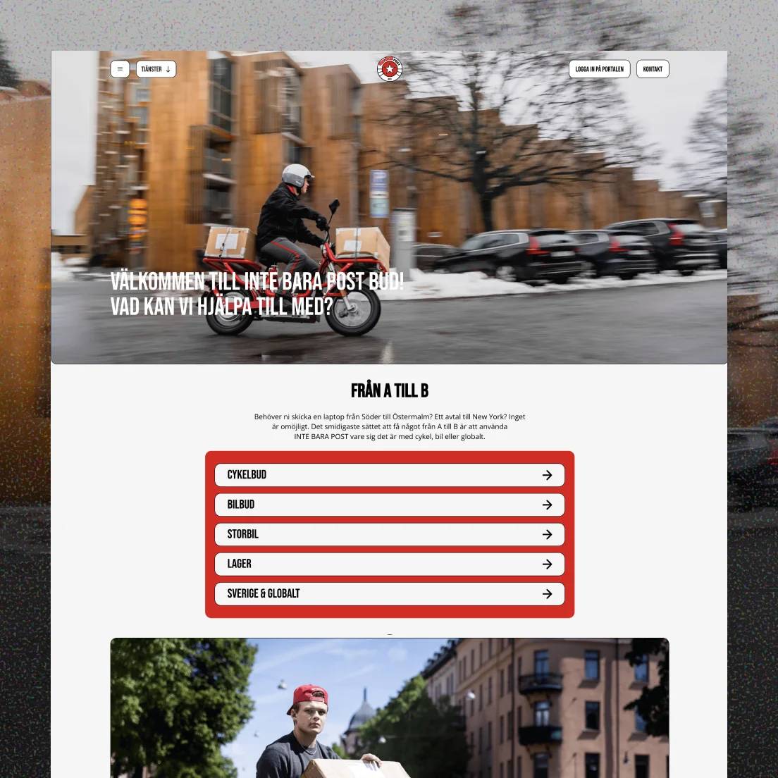 Inte Bara Post courier website with a delivery rider on a red moped