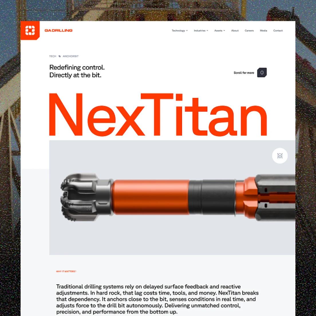 GA Drilling 'NexTitan' page with an orange industrial drill bit