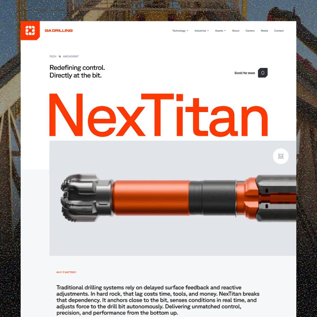 GA Drilling 'NexTitan' page with an orange industrial drill bit