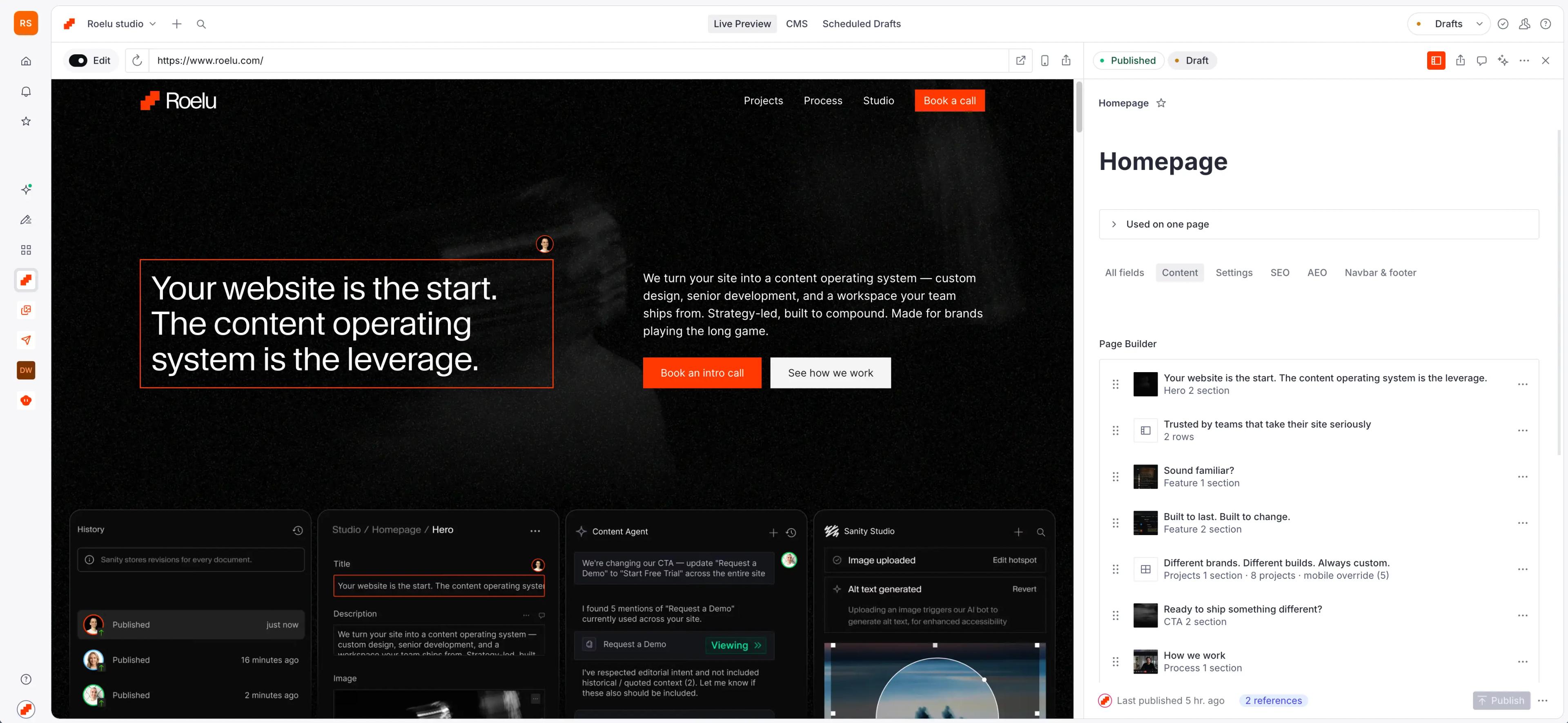 Web design CMS interface showing a dark website preview on the left and editable homepage content fields on the right