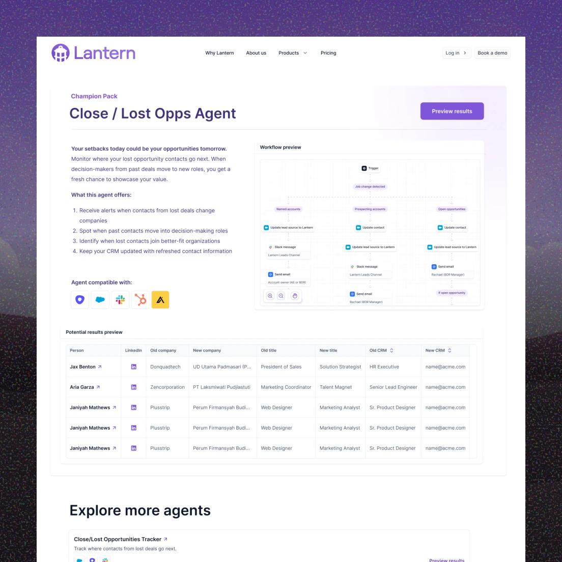 Lantern website showing a sales 'Lost Opps' AI agent with a workflow diagram and results table