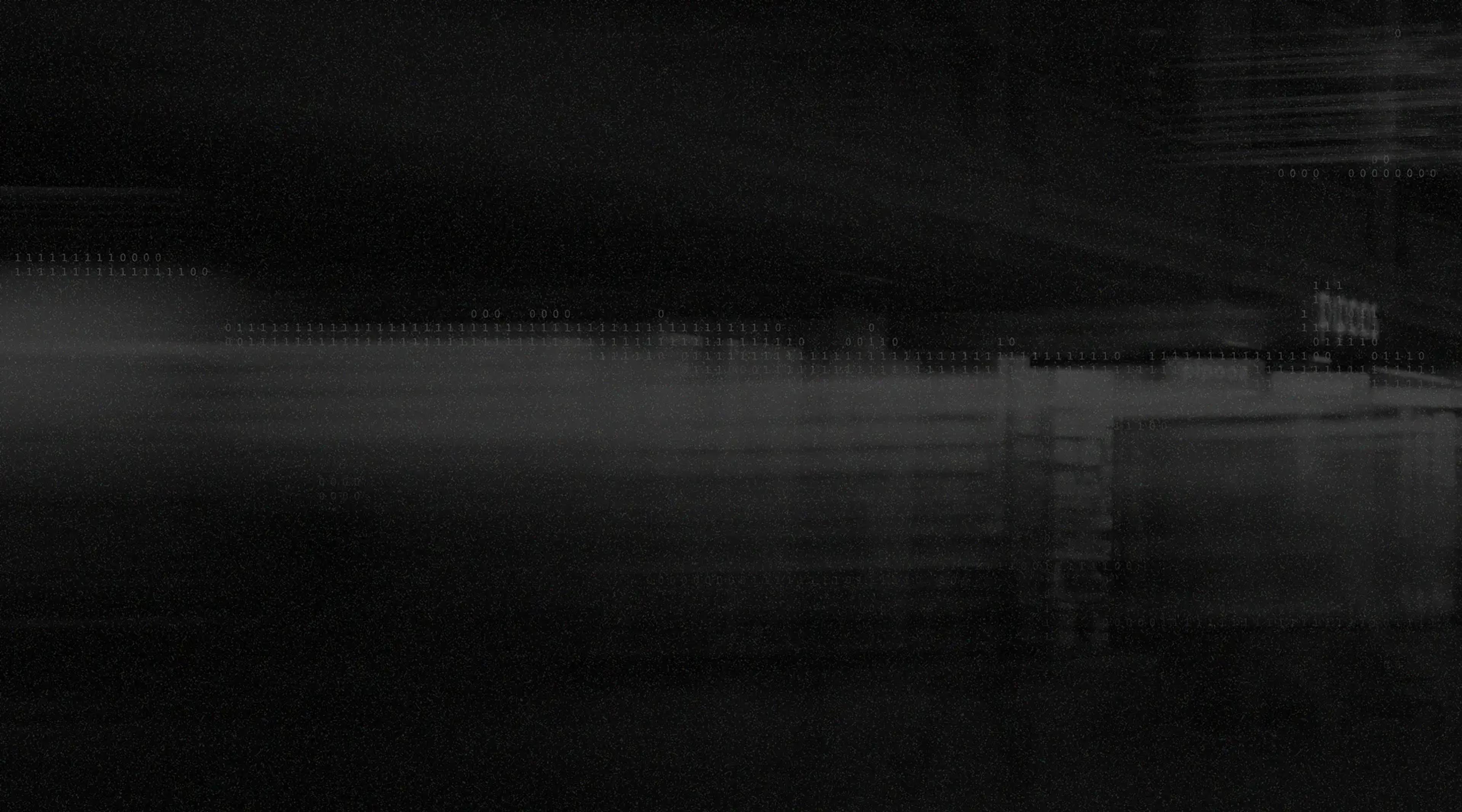 Dark abstract background with blurred horizontal light streaks and faint binary code patterns across the image