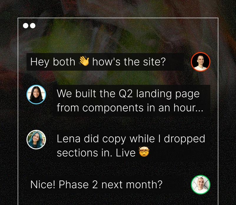 Team chat celebrating shipping a new landing page after launch