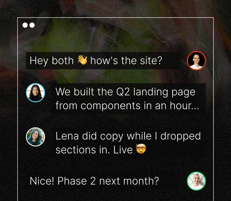 Team chat celebrating shipping a new landing page after launch