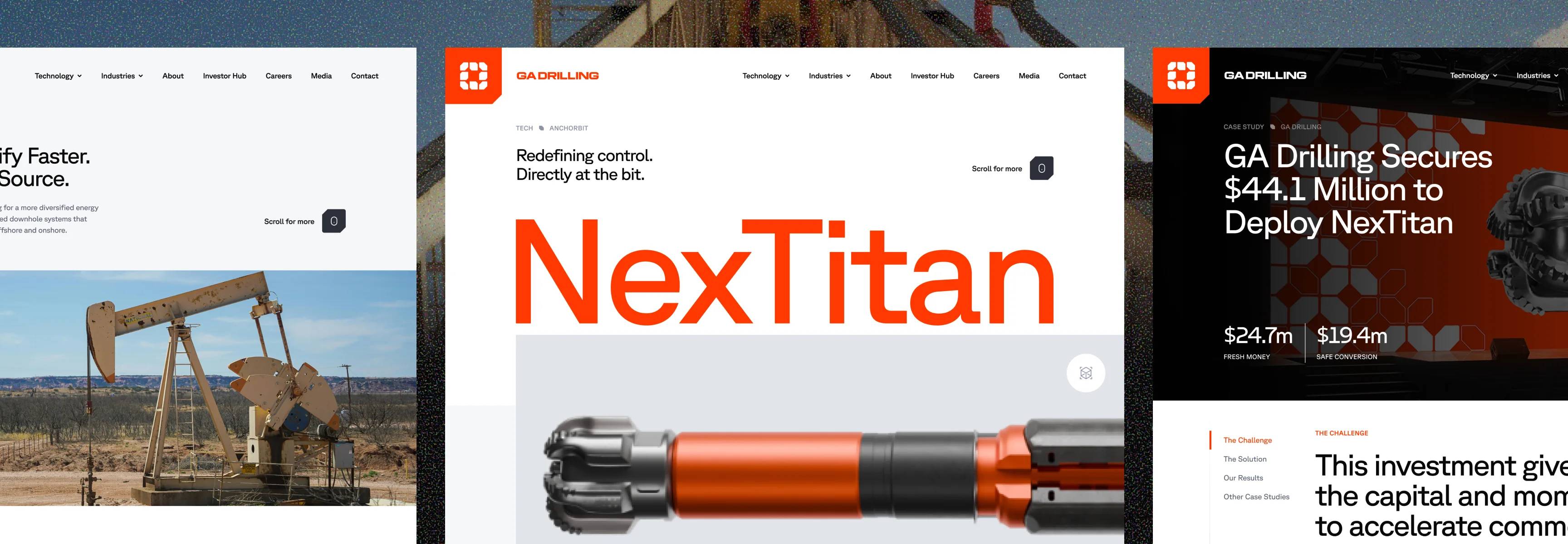 GA Drilling website featuring the 'NexTitan' drill bit and a funding case study