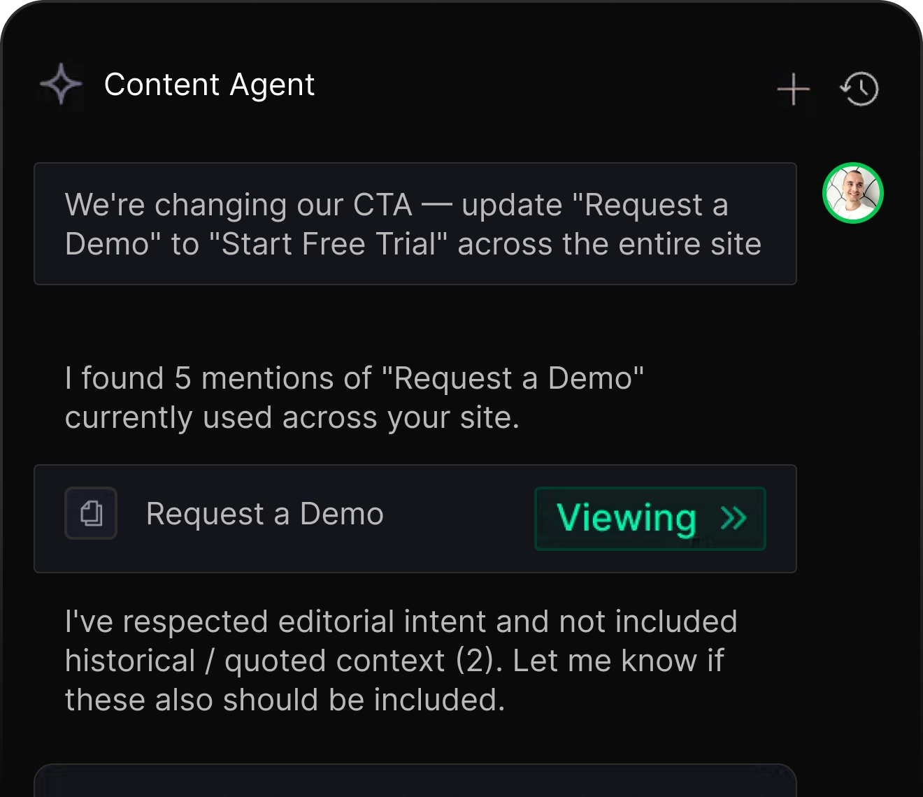 AI content agent updating a site's call-to-action text from a chat prompt