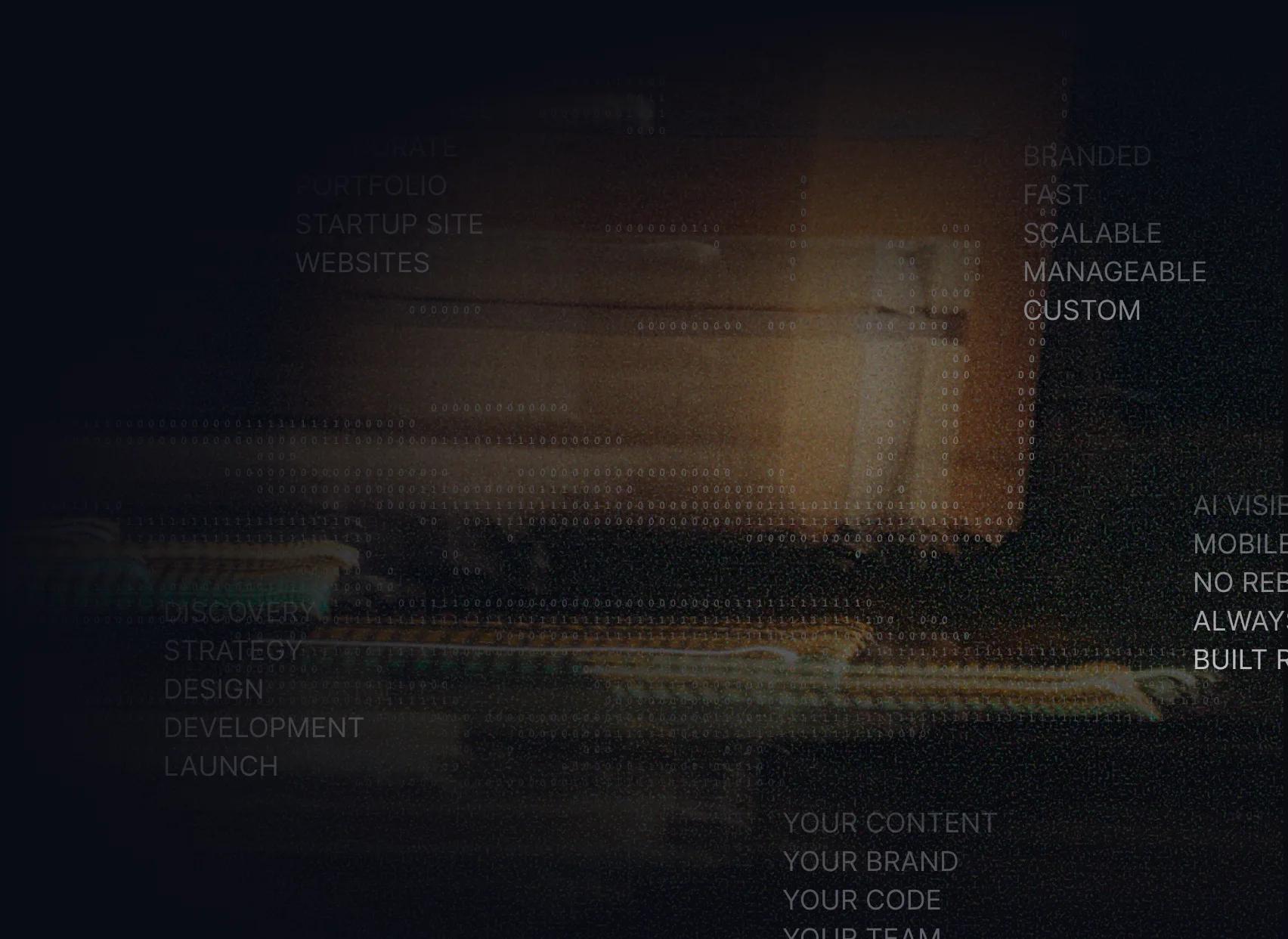 Dark abstract vortex overlaid with Roelu Studio service keywords