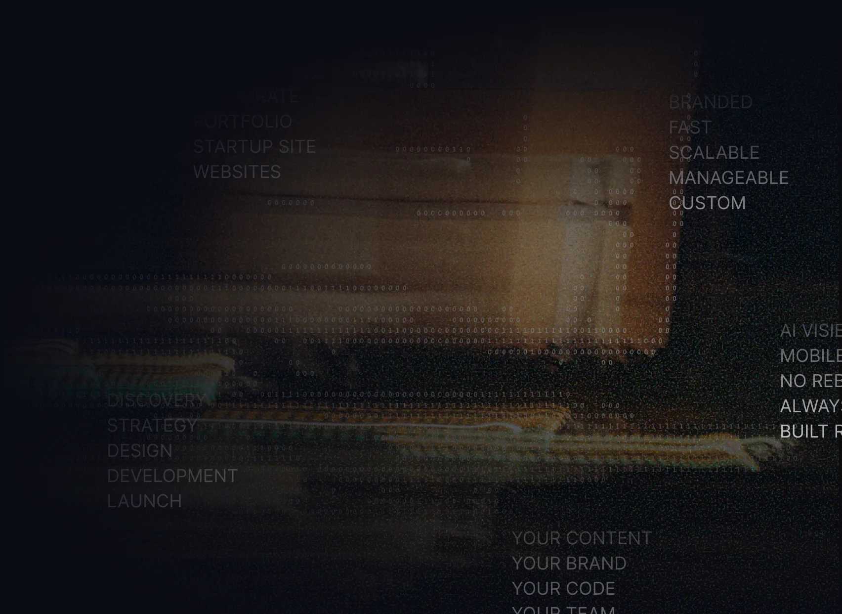 Dark abstract vortex overlaid with Roelu Studio service keywords