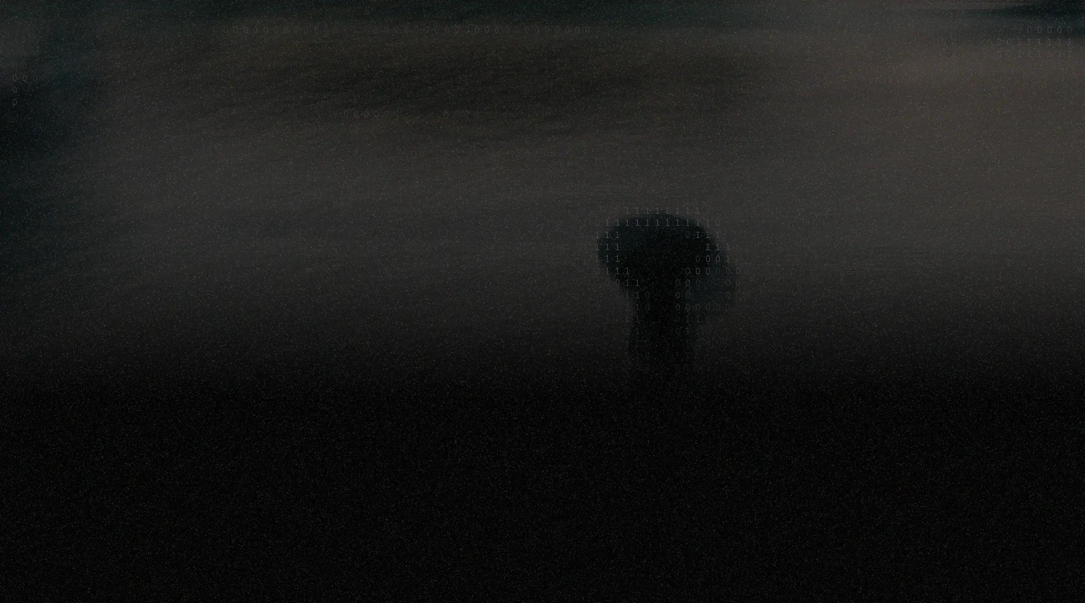 Dark, abstract scene with a faint mushroom-shaped silhouette emerging from a shadowy, textured background