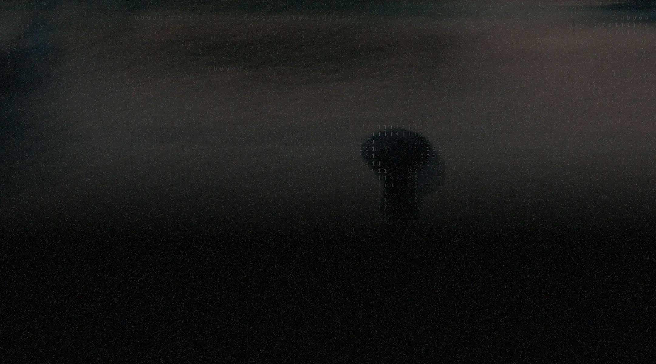 Dark, abstract scene with a faint mushroom-shaped silhouette emerging from a shadowy, textured background