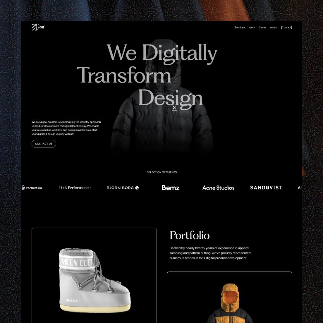 3Dear website 'We Digitally Transform Design' with apparel visuals and client logos
