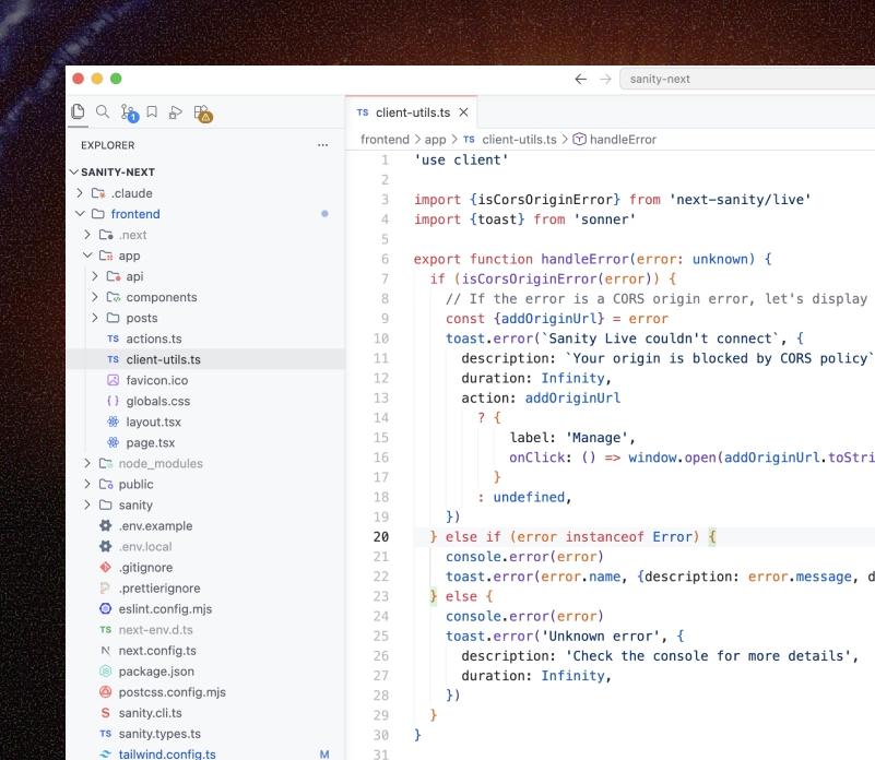 Code editor showing the TypeScript source of a Next.js and Sanity website