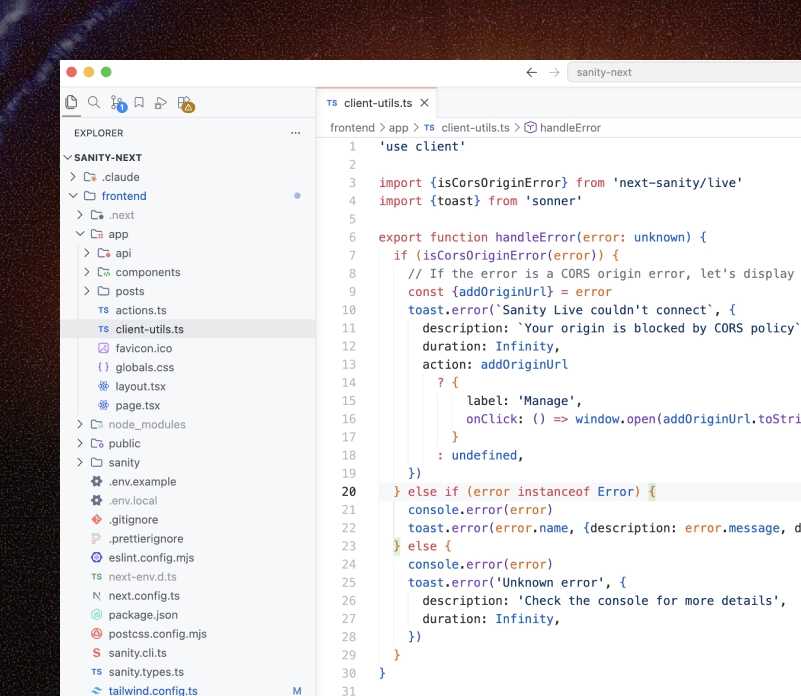 Code editor showing the TypeScript source of a Next.js and Sanity website