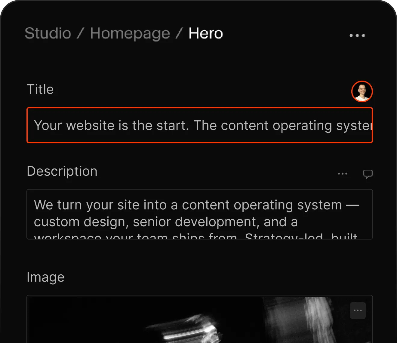 Sanity Studio editor showing a homepage hero document's fields