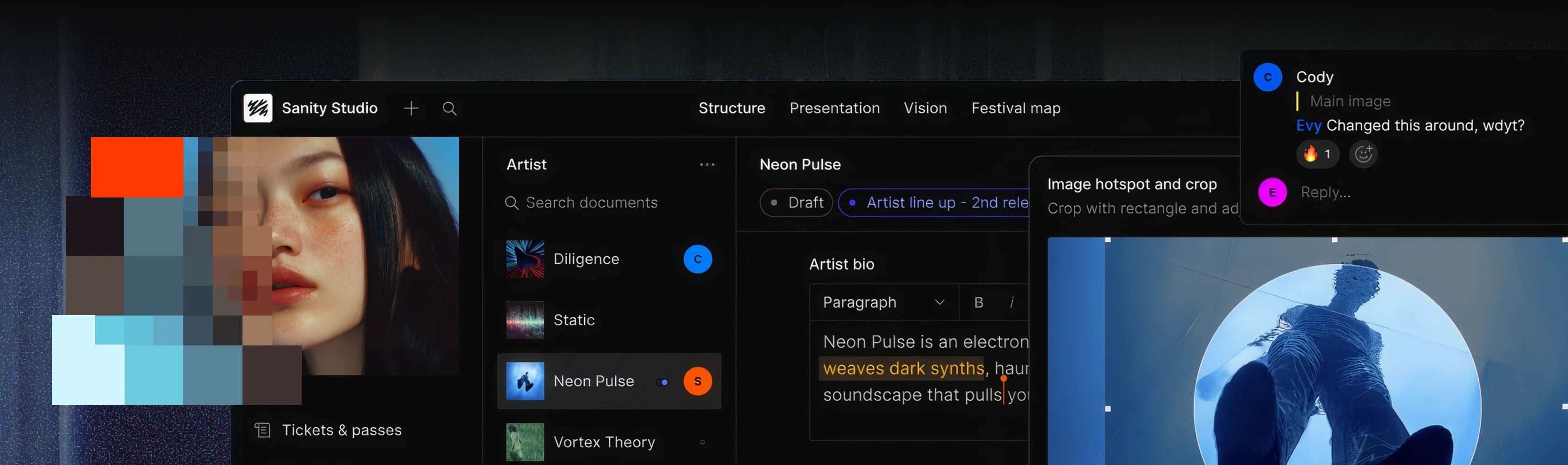 Sanity Studio managing a music-festival site with artist profiles and team comments