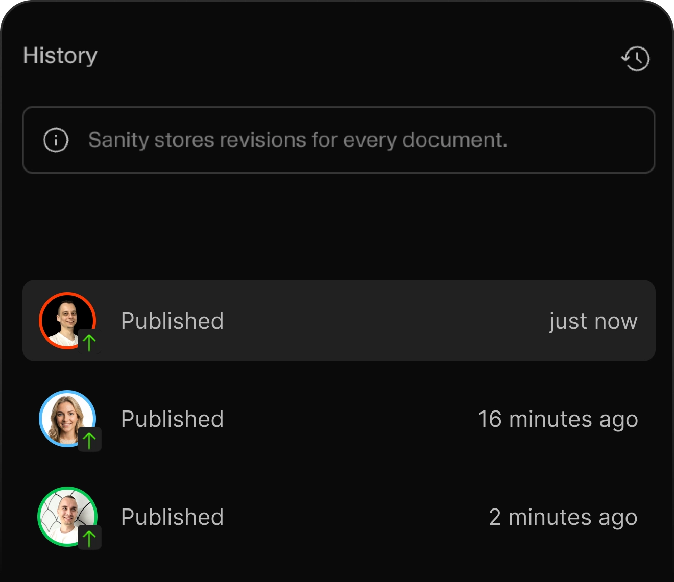 Sanity Studio version history panel listing published document revisions
