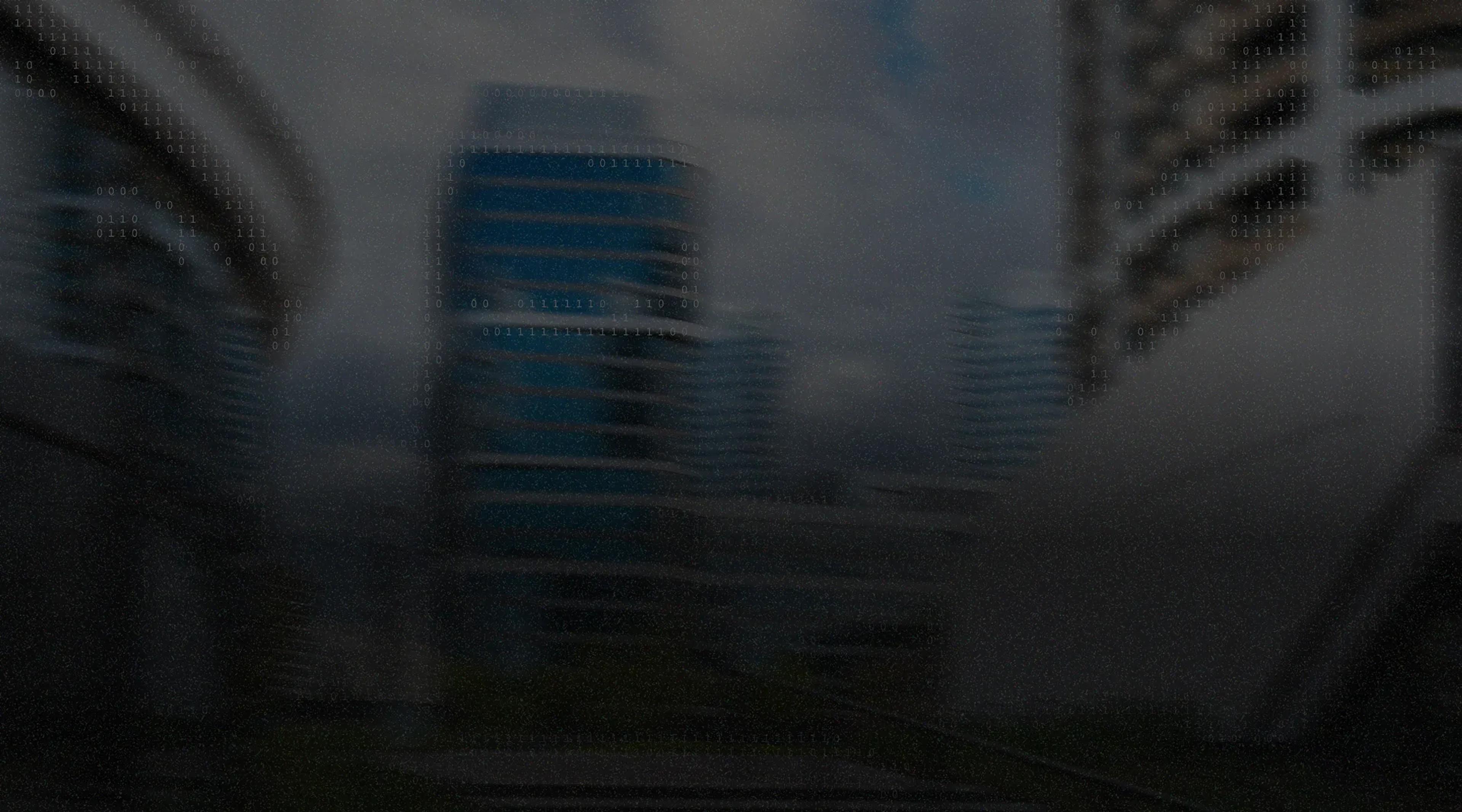 Blurred modern cityscape with tall glass buildings under a cloudy sky, overlaid with faint binary code digits