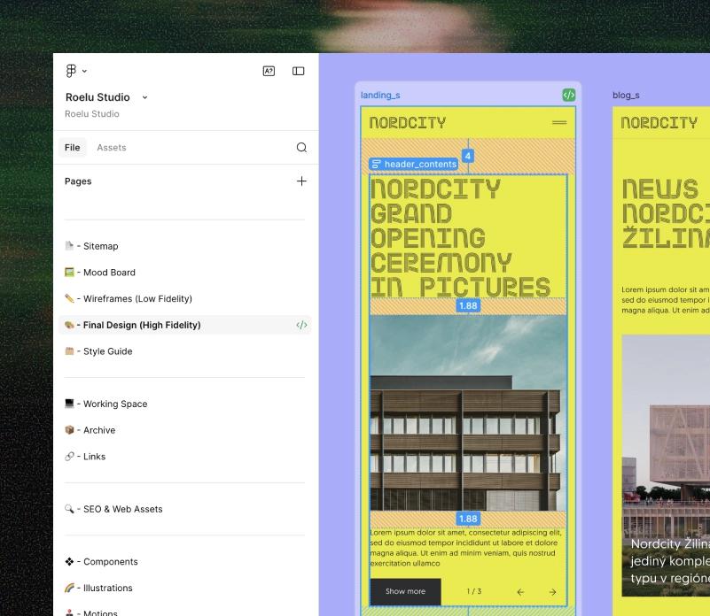 Figma design file with high-fidelity mobile mockups of a client website
