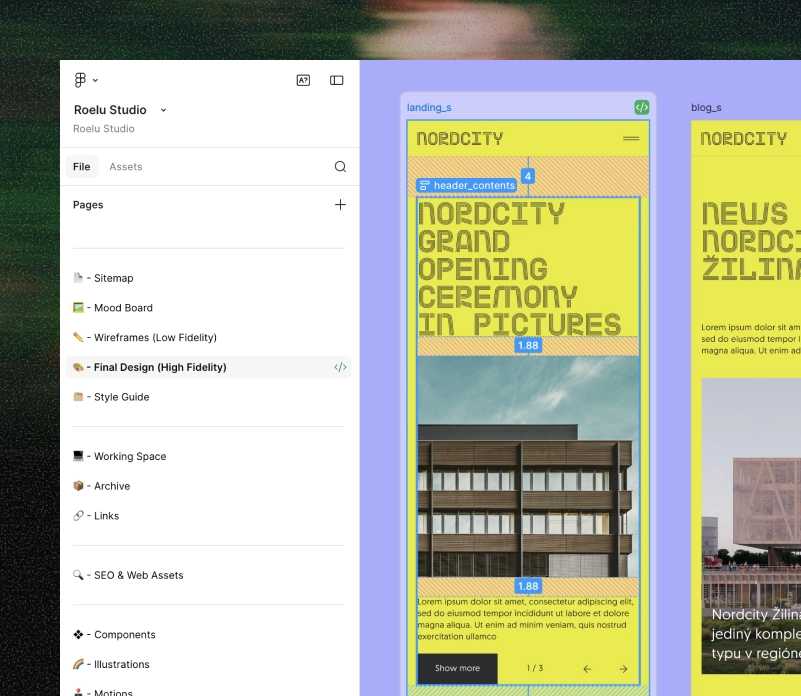 Figma design file with high-fidelity mobile mockups of a client website