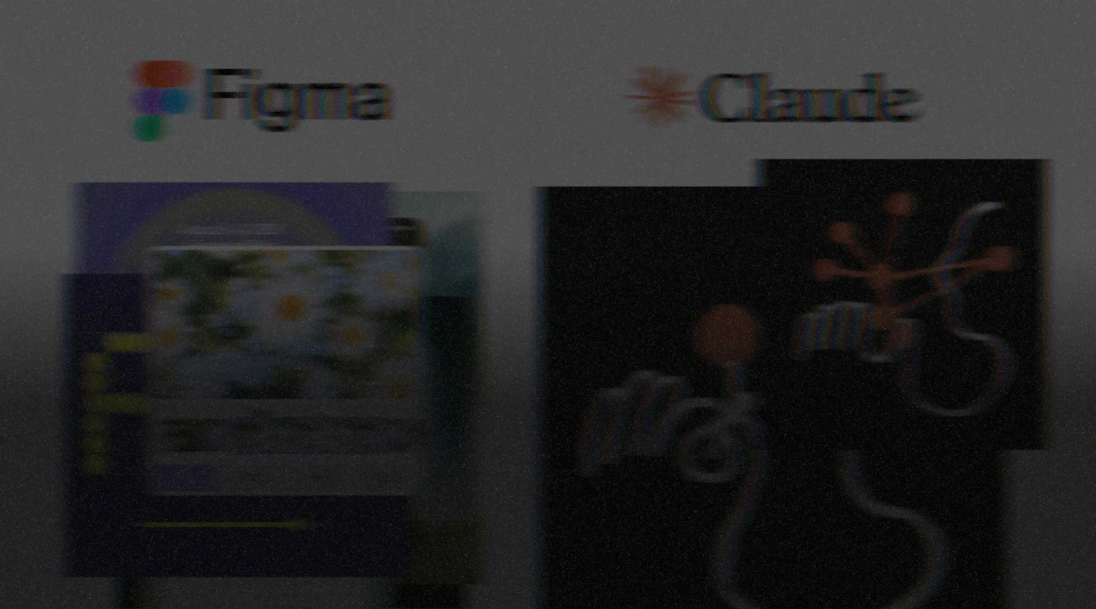 Blurred Figma and Claude logos above abstract, dark design panels with colorful shapes and graphics