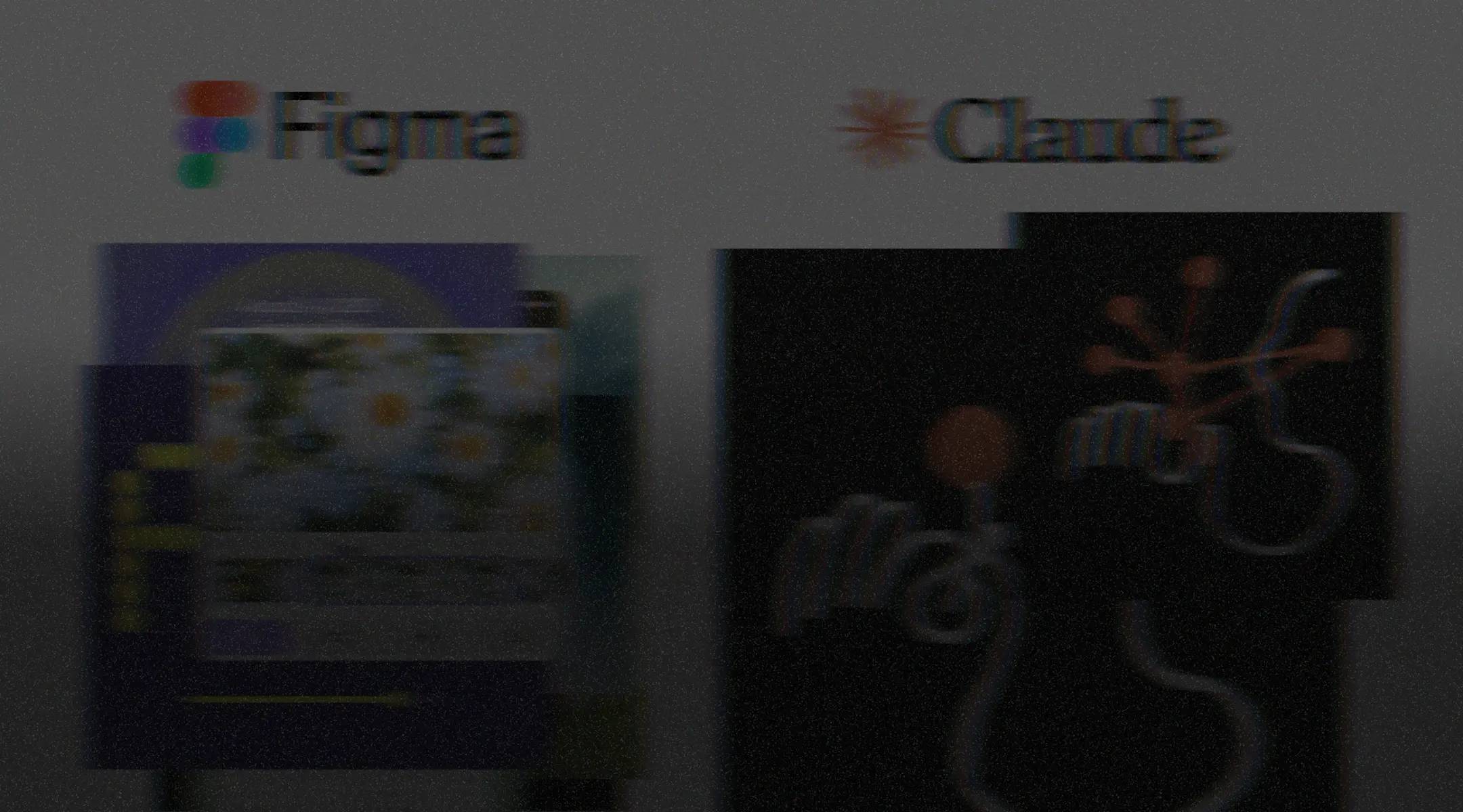 Blurred Figma and Claude logos above abstract, dark design panels with colorful shapes and graphics