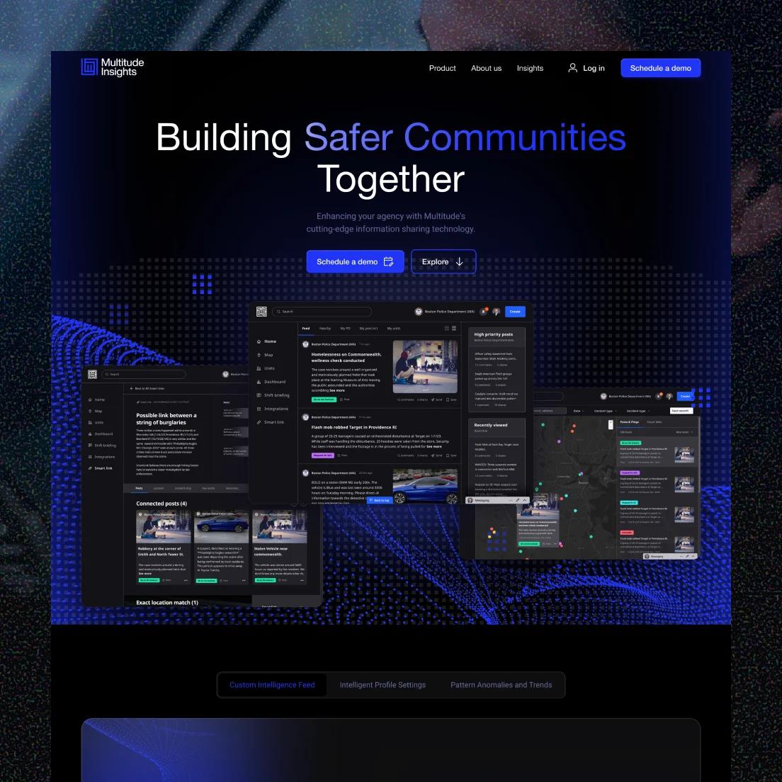 Multitude Insights website with the headline 'Building Safer Communities Together' and an intelligence dashboard
