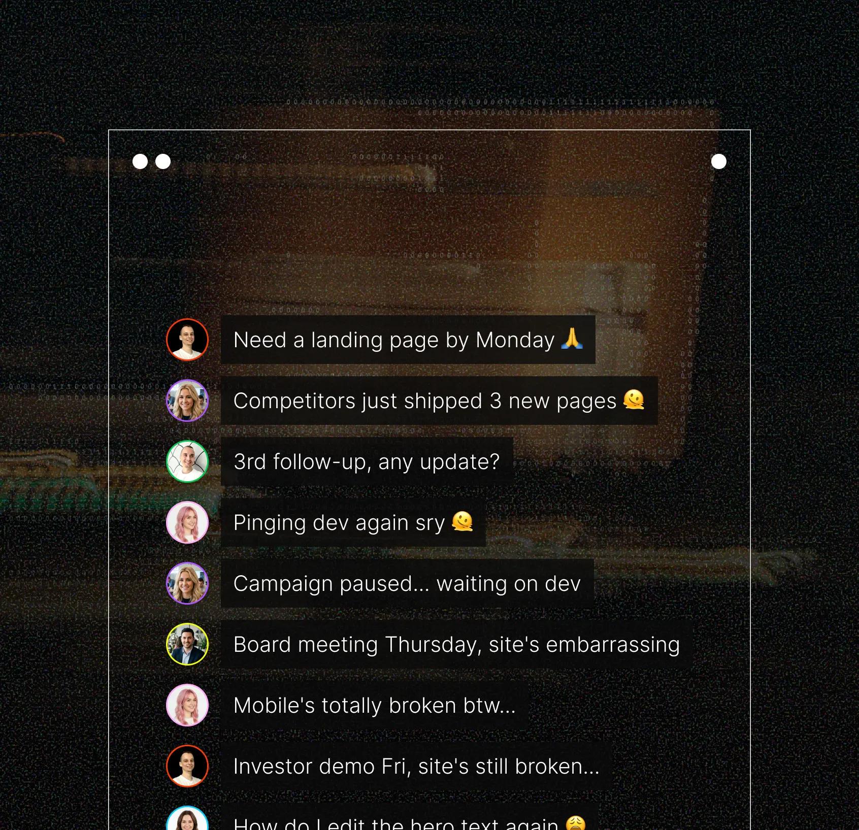 Stream of stressed stakeholder messages about a slow, broken website