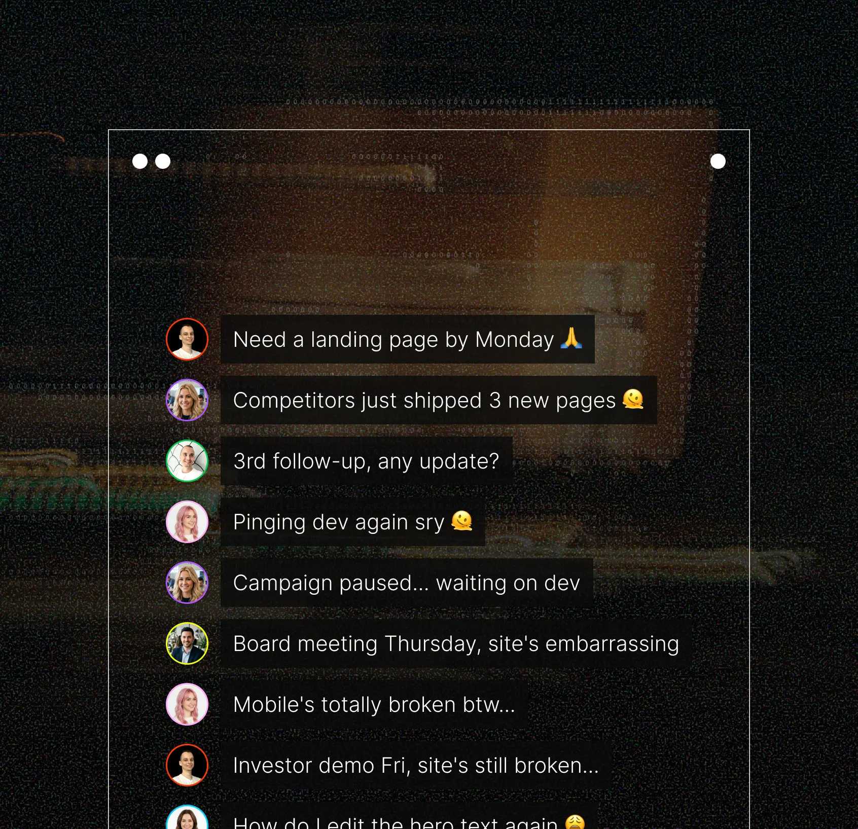 Stream of stressed stakeholder messages about a slow, broken website