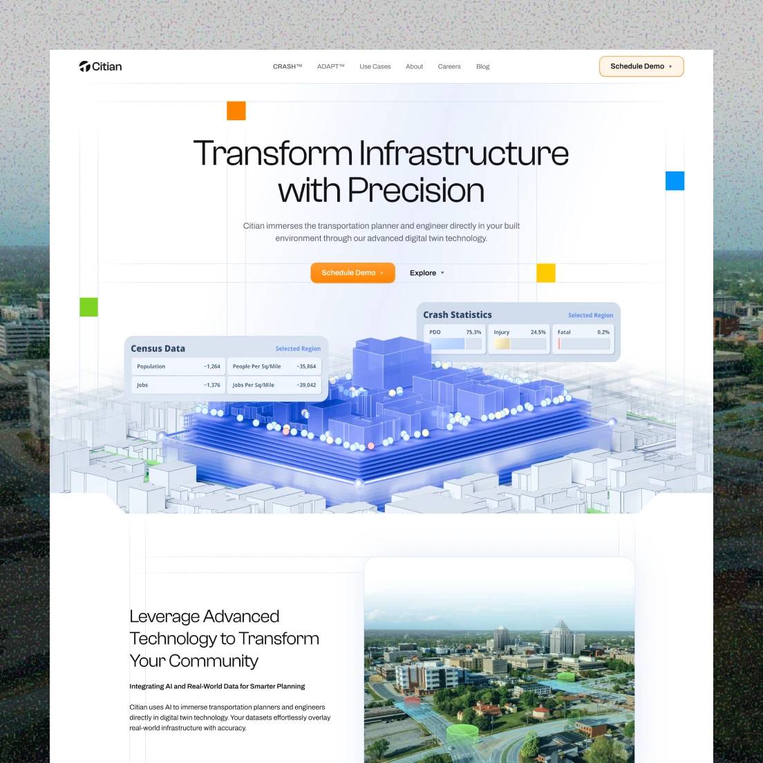 Citian website 'Transform Infrastructure with Precision' with a 3D digital-twin city model