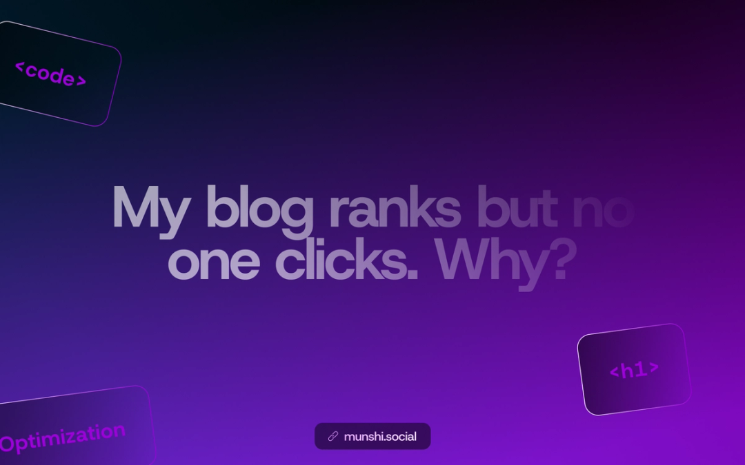 Purple gradient with floating code tags around the question my blog ranks but no one clicks
