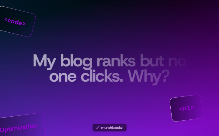 Purple gradient with floating code tags around the question my blog ranks but no one clicks