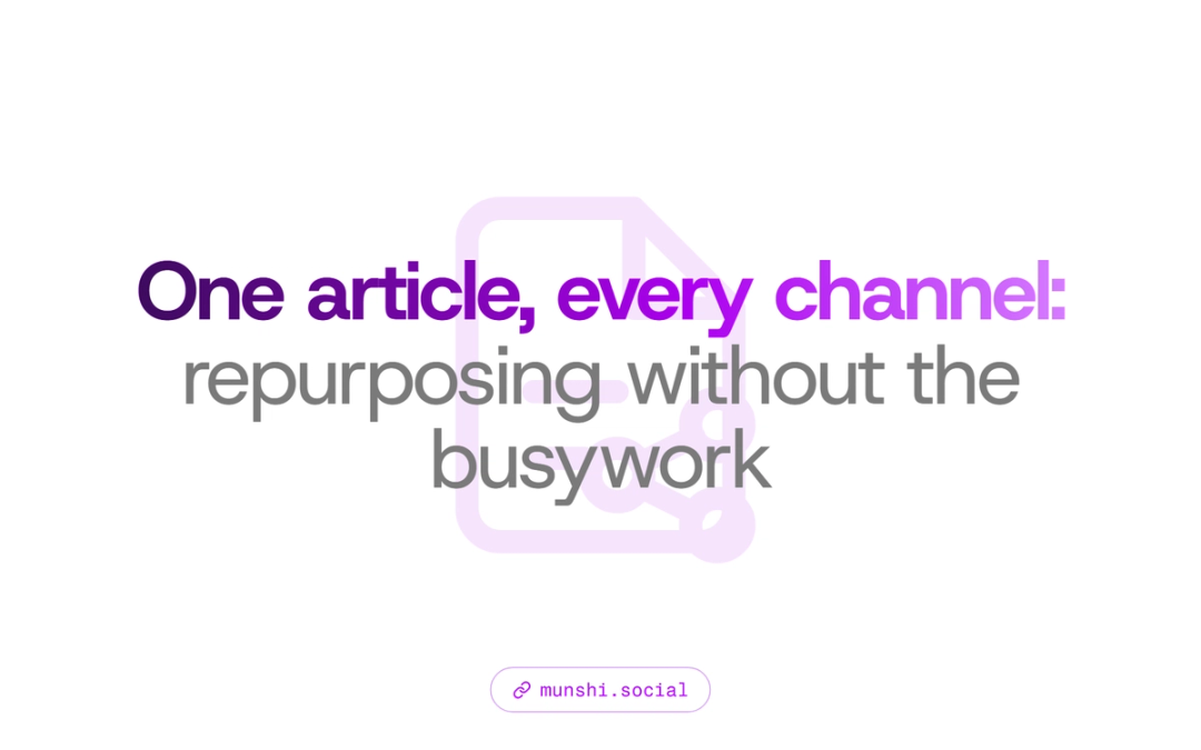 White card with a faint share-document icon behind the title One article, every channel: repurposing without the busywork