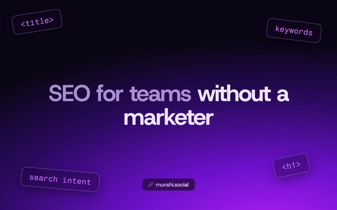Purple gradient with floating SEO tag chips around the title SEO for teams without a marketer